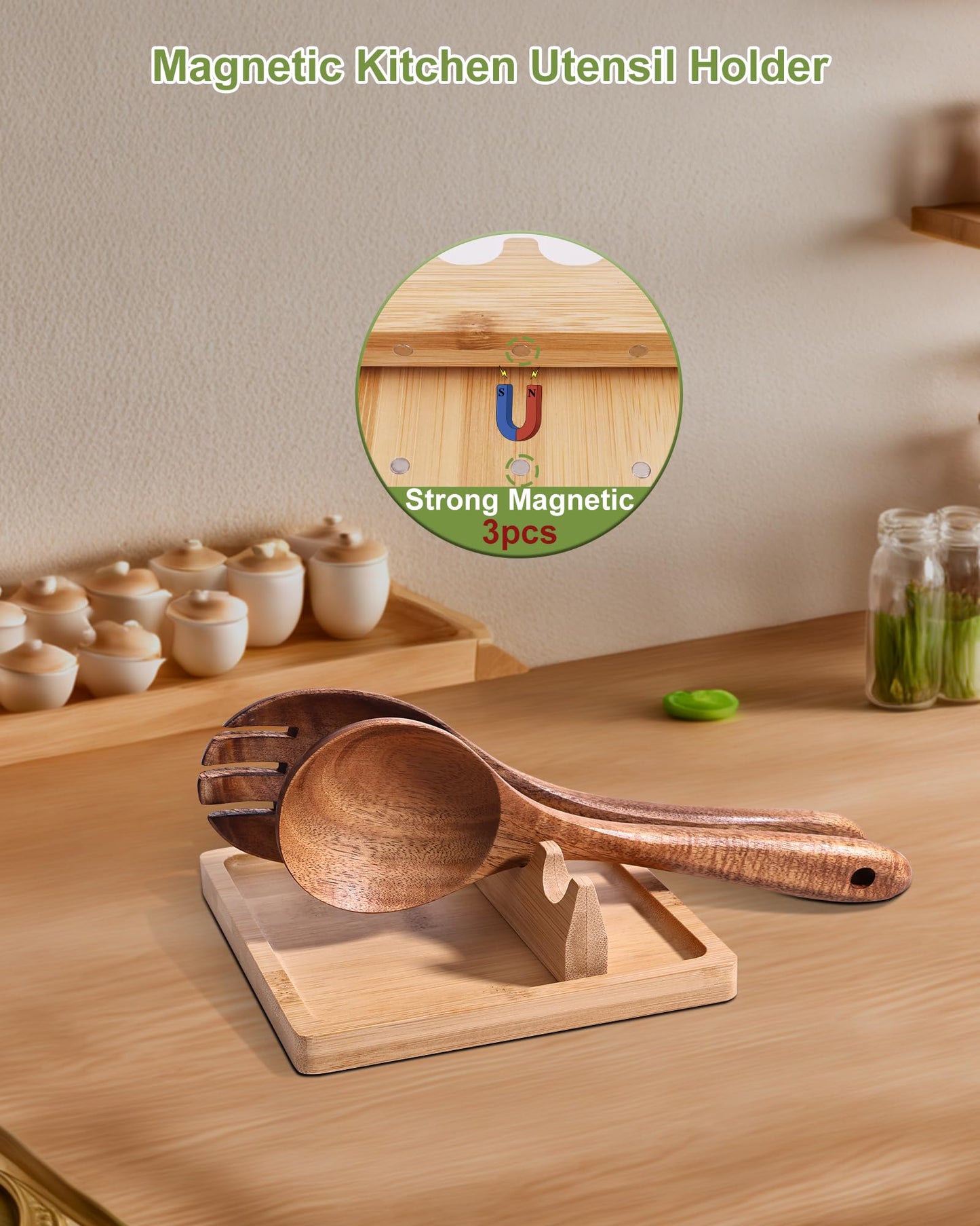 Spoon Rest for Stove Top, Bonfixe Magnetic Kitchen Utensil Rest, Heat-Insulation Bamboo Spoon Holder, Removable Kitchen Utensil Holder for Multiple Spoons, Ladles, Spatulas