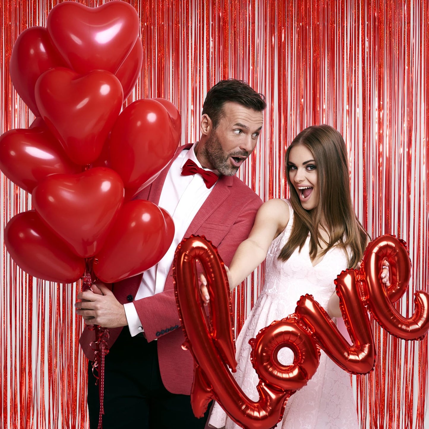 Red Tinsel Curtain Backdrop for Party Decorations - Sparkle Foil Tinsel Fringe Curtains Photo Backdrop Booth (3.2ft x 8ft, 2 Packs)
