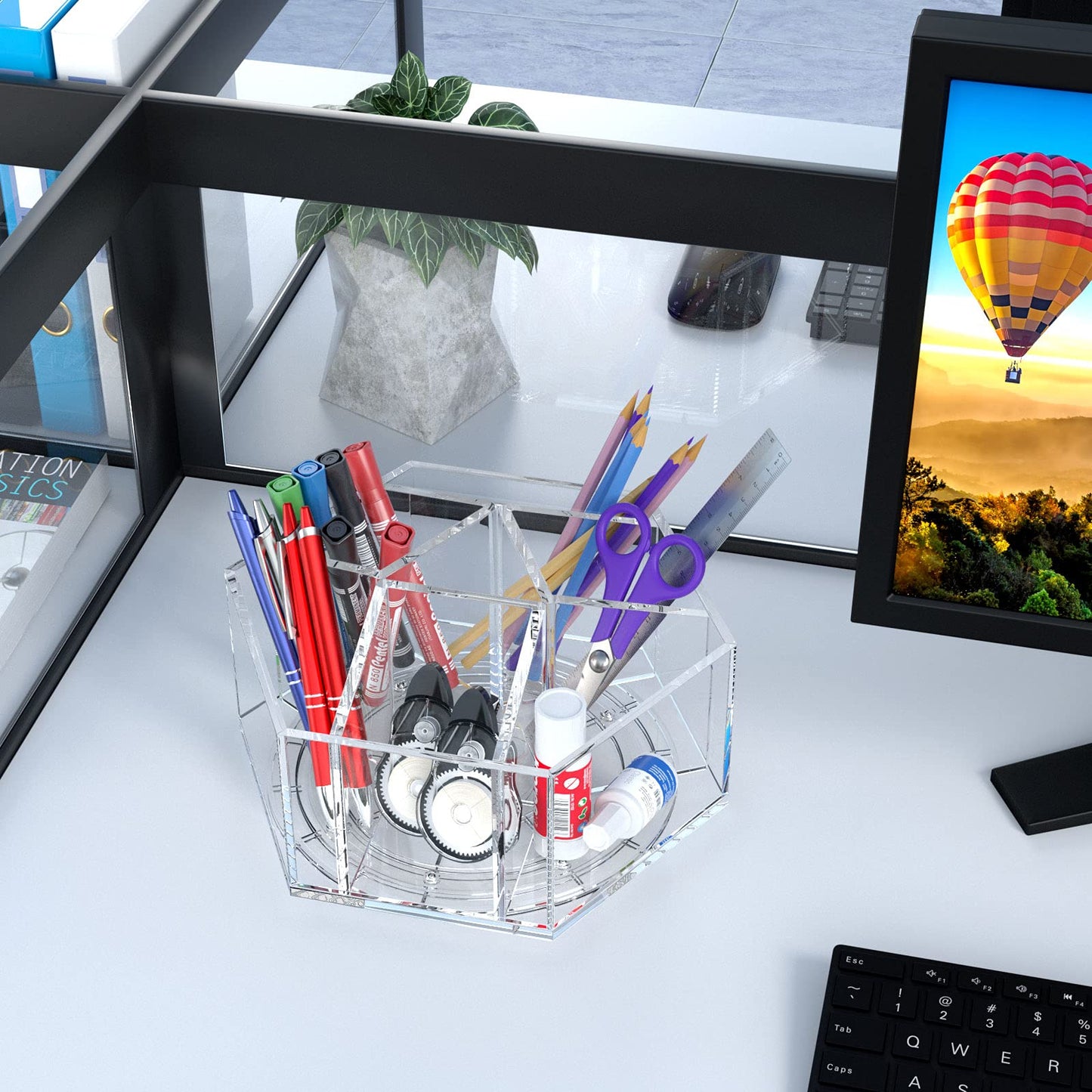 NIUBEE Acrylic Pen Pencil Holder 7 Compartments, Crayon Organizer, Multi-capacity Marker Storage Art Supply Organizer, 360° Rotating Clear Pencil Cup