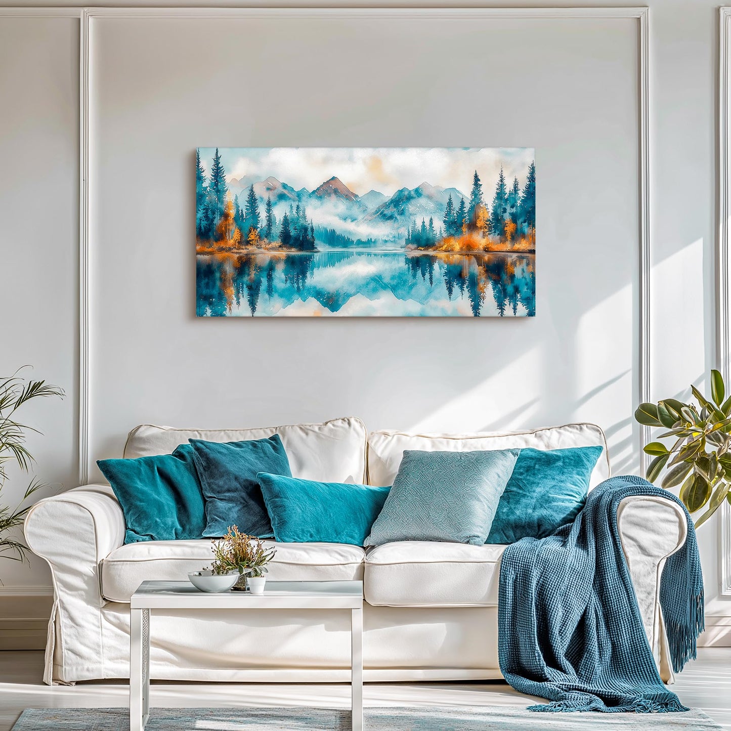 SLYCAY Large Mountain Wall Art Forest Landscape Prints, Blue Nature Scenery Lake Pictures Wall Decor Misty Forest Golden Painting Modern Artwork Living Room Bedroom Office 20"X40"