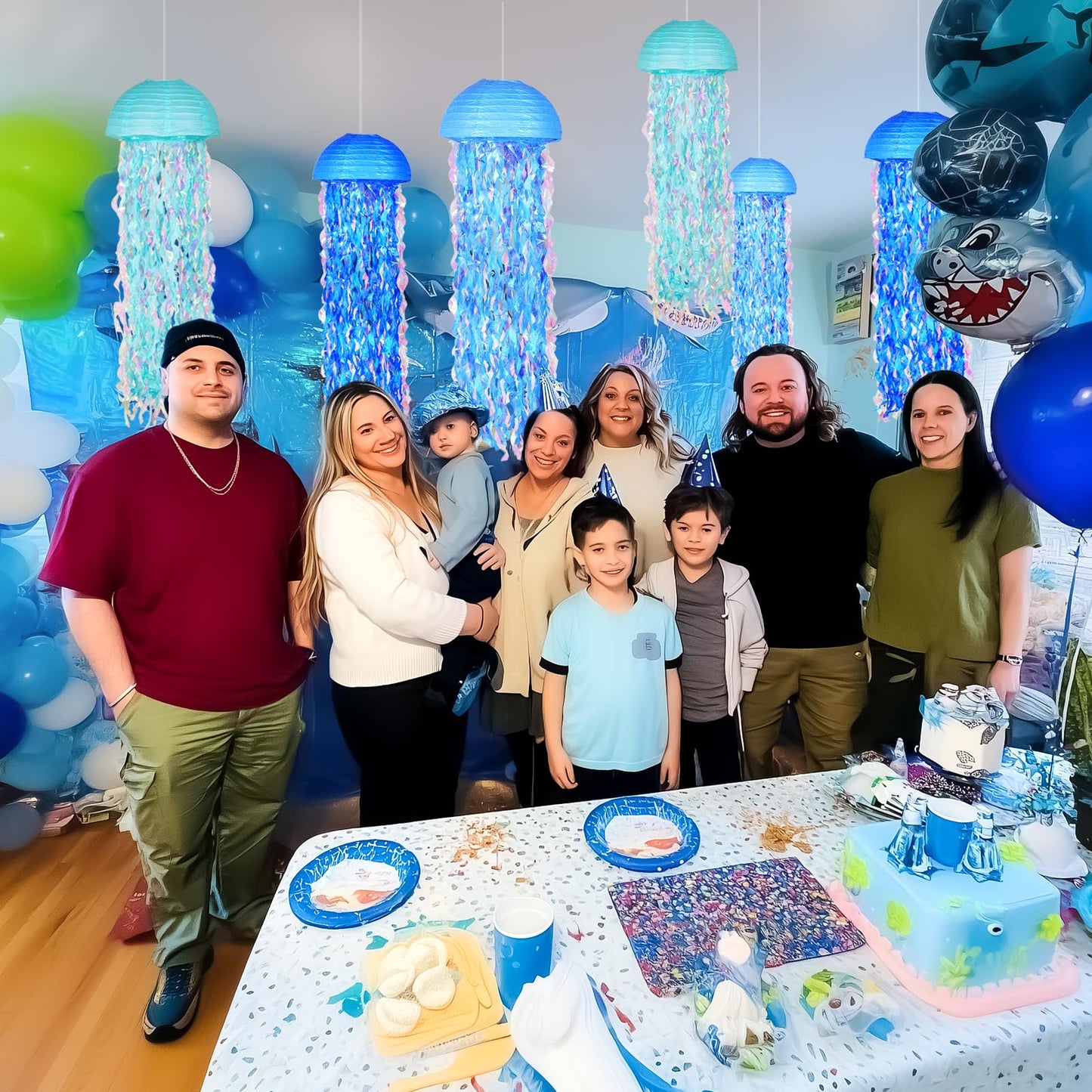 OBXT 10" Blue Hanging Jellyfish Paper Lanterns - Under the Sea Party & Mermaid Birthday Decorations, Baby Shower, Nautical Events, Ocean Theme Classroom & Beach Room Decor (Set of 6)