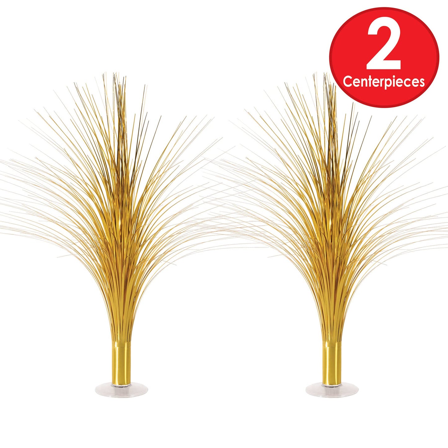 Beistle Metallic Spray Centerpieces - 2-Pack Elegant Gold Table Decorations with Clear Base, Shimmering Foil Sprays for New Year’s Eve, Hollywood Awards Night, Graduation and Celebration Events, 19”