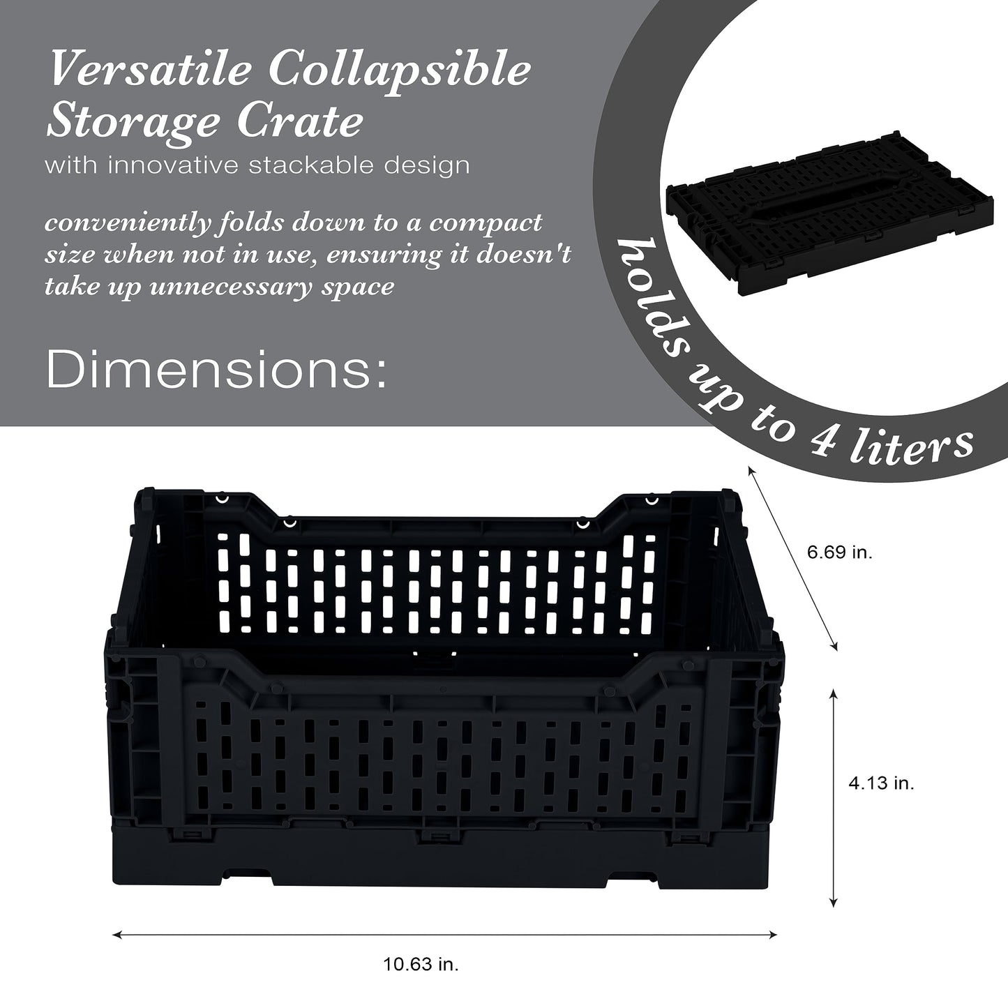 Simplify 4LT Collapsible Storage Crate | Small | Foldable | Stackable | Plastic Bin | Home Organization | Dorm | Office | Crafts | Shelf | Black