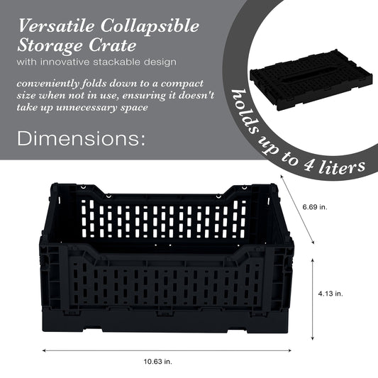 Simplify 4LT Collapsible Storage Crate | Small | Foldable | Stackable | Plastic Bin | Home Organization | Dorm | Office | Crafts | Shelf | Black