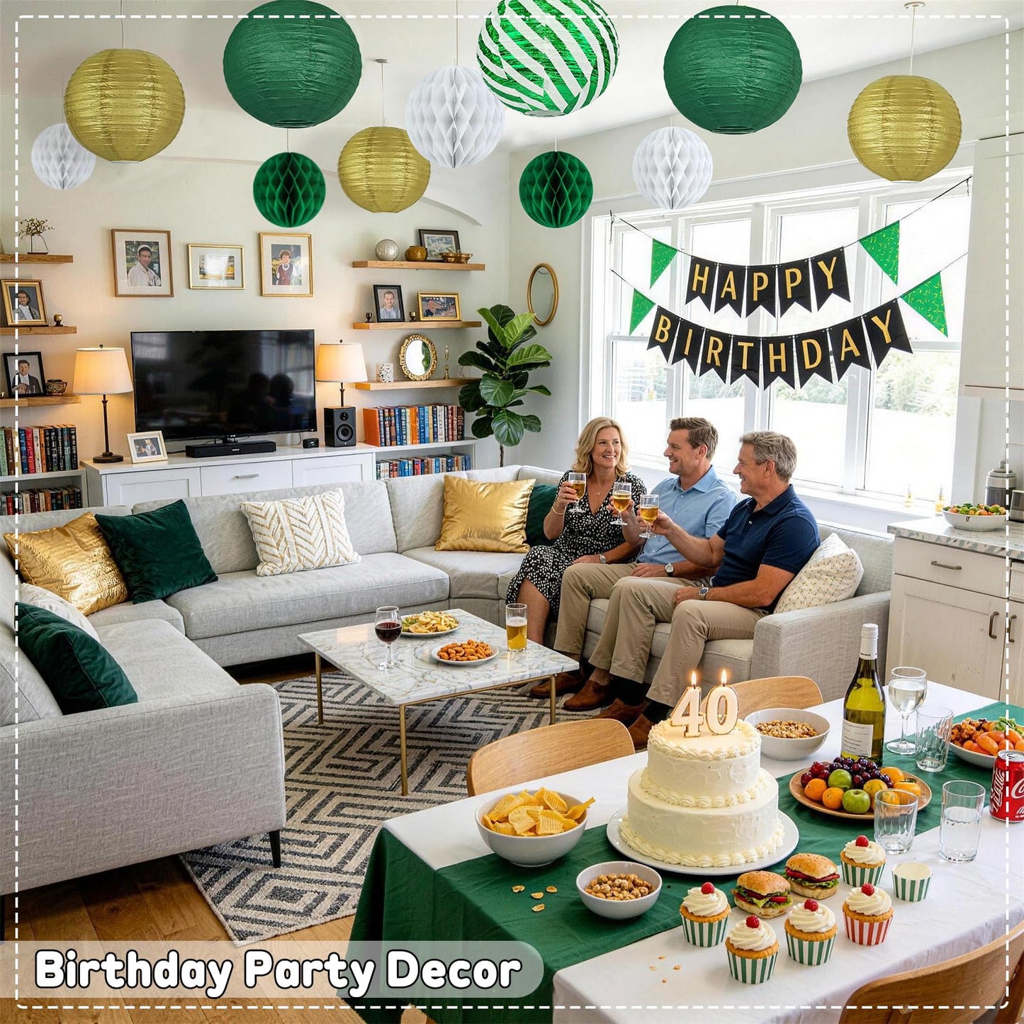 Green and Gold Party Decorations - 16Pcs Hanging Green White and Gold Paper Lanterns & Honeycomb Balls for Graduation Decorations 2026, Birthday, Baby Shower & Wedding Party Supplies