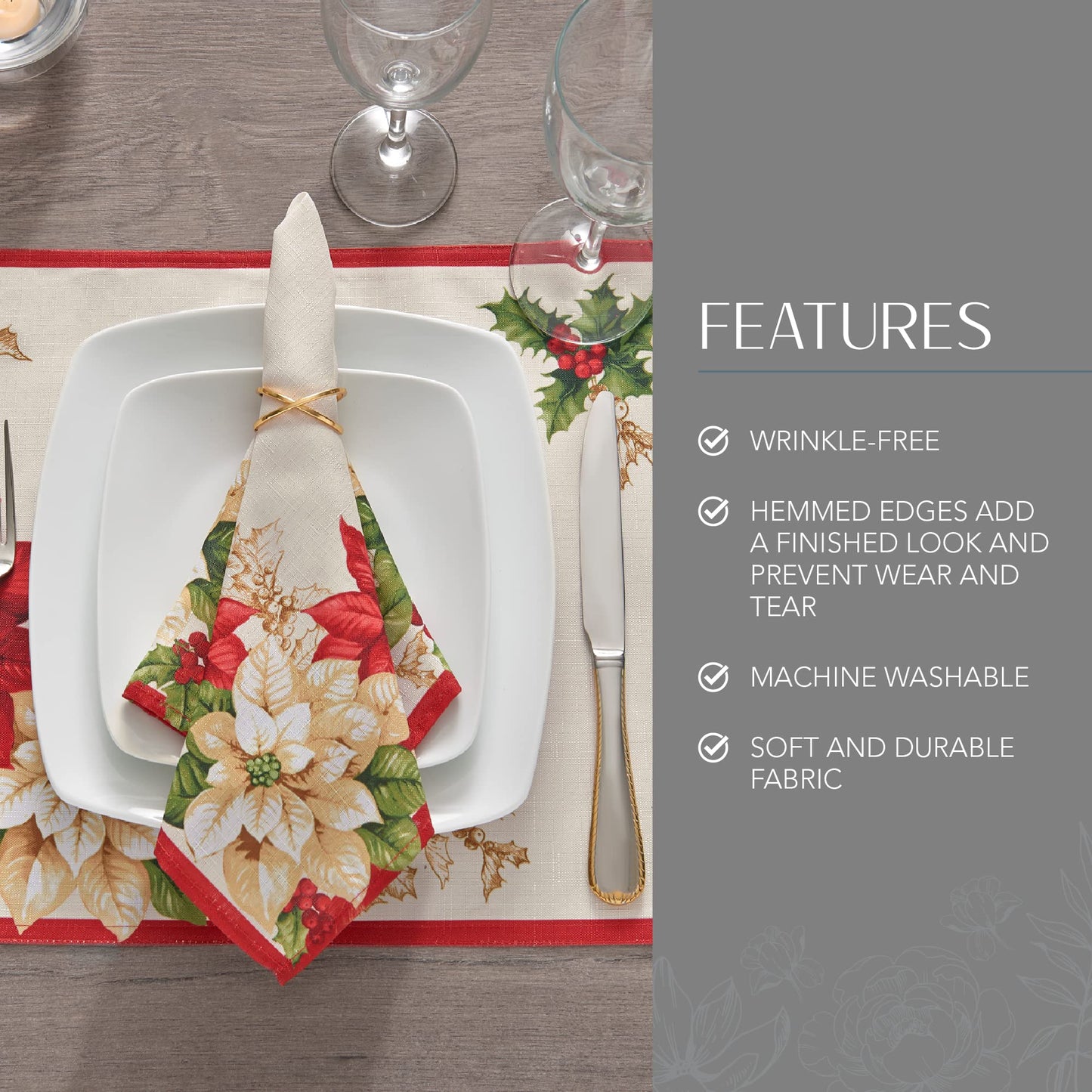 Elrene Home Fashions Red and White Poinsettia Holiday Fabric Placemats, Christmas Mats for Table Decor, 13 Inches x 19 Inches, Set of 4