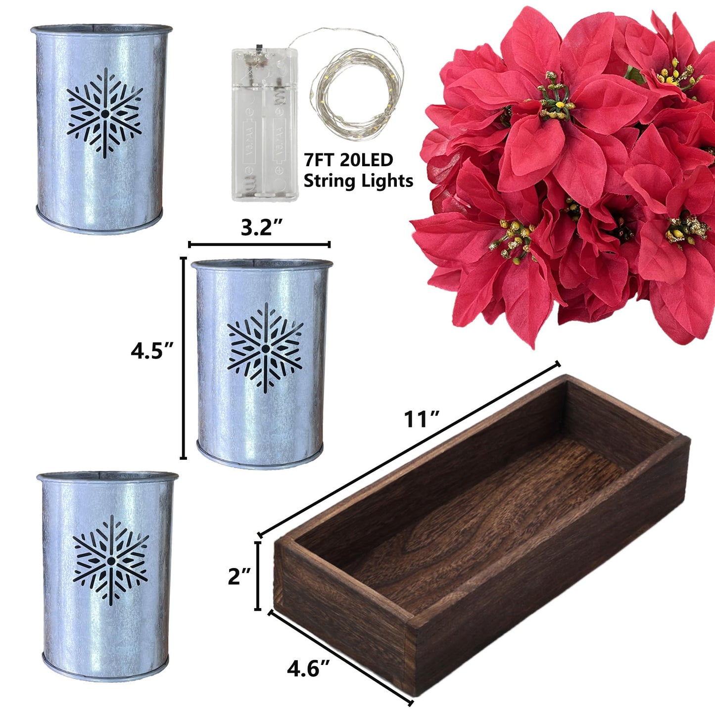 HEMYLU Poinsettias Artificial Christmas Flowers with LED Lights, Red Xmas Table Centerpiece in Pots and Wood Box for Decoration