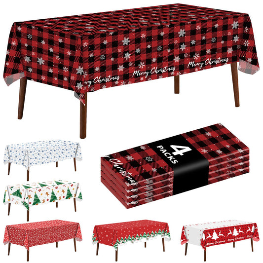 JHDZDHY 4 Pack Christmas Snowflake Tablecloth Disposable Plastic Tablecloth Table Cover for Christmas Party Decoration Supplies 54 x 108 Inches (Red Checkered Snowflake)