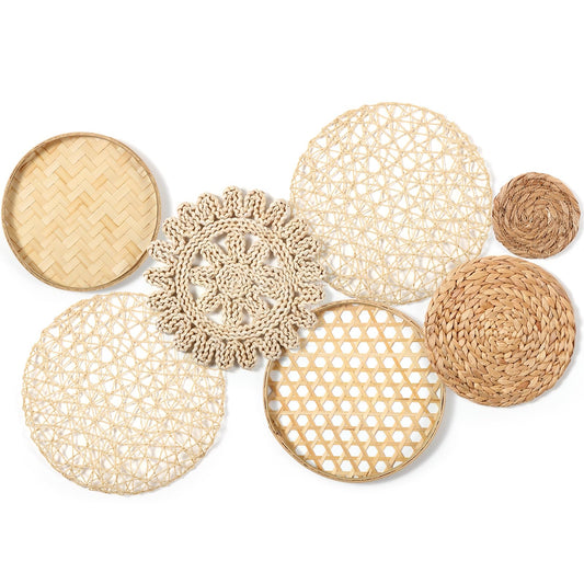 Hushee 7 Pcs Boho Wall Basket Decor, Seagrass Woven Round Bohemian Hanging Basket for Wall Handmade Hanging Rustic Flat Art Decor for Farmhouse Bedroom Living Room Display Table Settings Kitchen Home