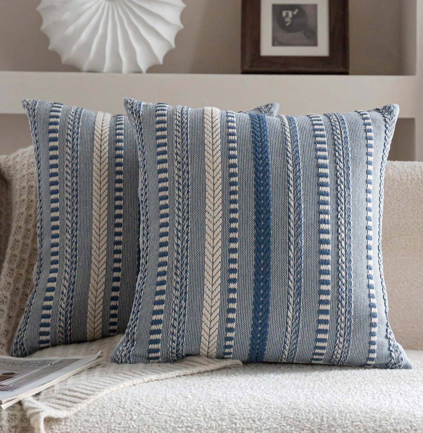 Cethom Boho Throw Pillow Covers 18x18 Inch Set of 2, Farmhouse Decorative Couch Pillow Cases, Blue Accent Pillows of Bed, Sofa Bedroom Living Room Home Decor Cushion Cover