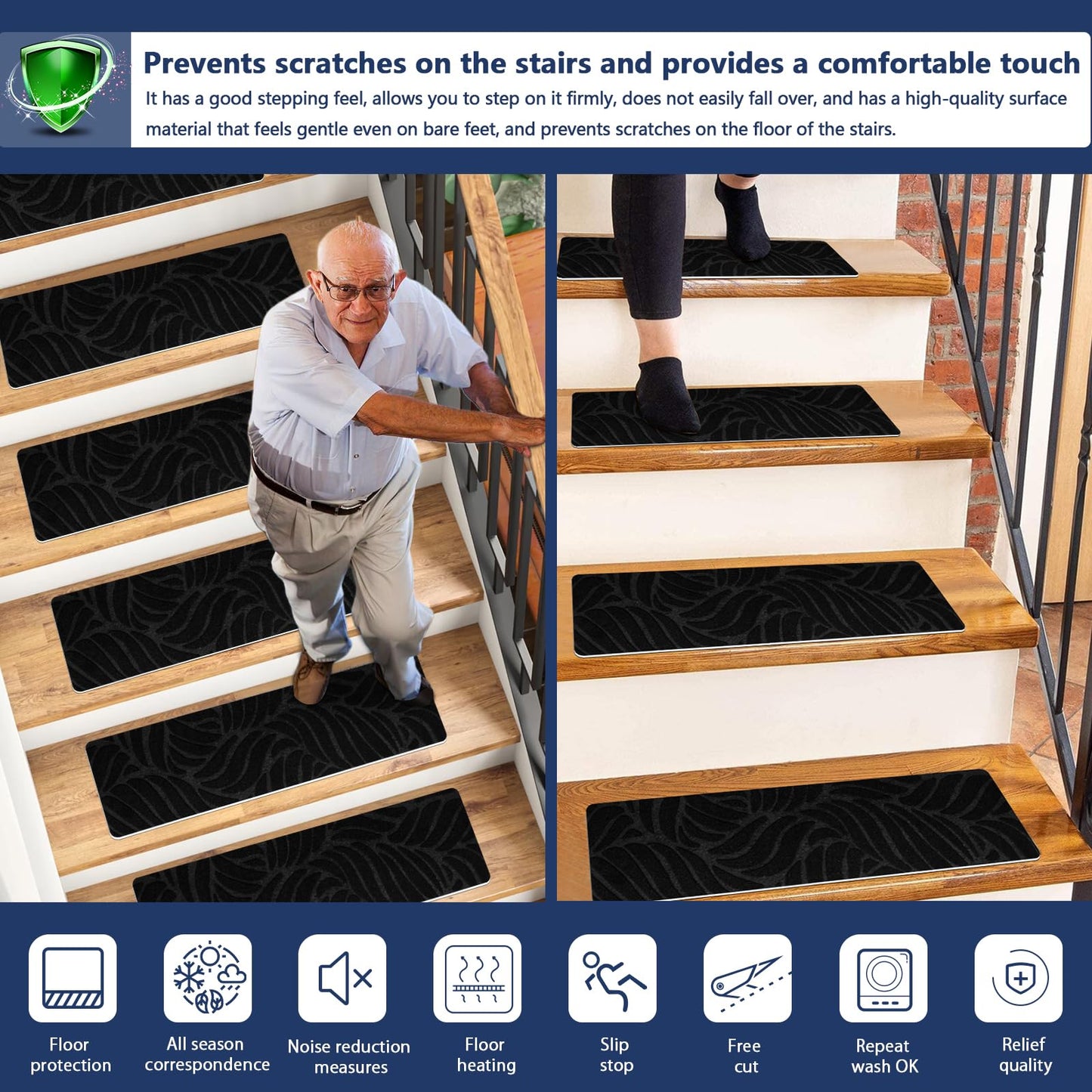 JAYFAN Non-Slip Stair Treads Mat Carpet for Wooden Steps(7/15 Pack), 21.6 x 7.4IN Self-Adhesive, Safety Indoor Stair Runner Mats, Anti Slip Stair Treads for Kids Elders and Dogs Pets