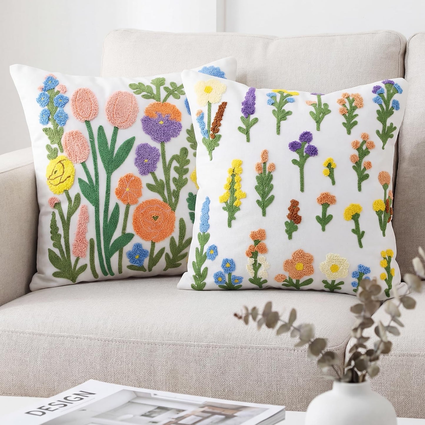 Gilprop 2 Pcs Embroidered Throw Pillow Covers Boho Square Pillow Covers Floral Spring Leaf Plant Cushion Cases for Bed Couch Sofa Bedroom Living Room Home Decor(Flowers,18 x 18 Inches)
