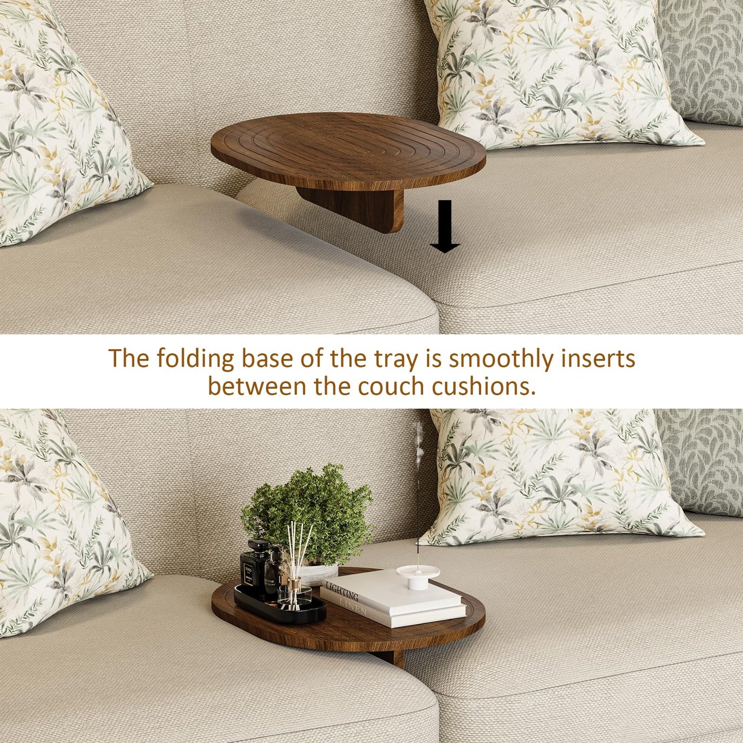 Asgolion Couch Tray Insert for Middle, 15.75"x12.6" Wood Sofa Tray, Folding Couch Armrest Table Fit Armless Couch/Sectional, for Drink Snacks Phone Remote Holder, Walnut