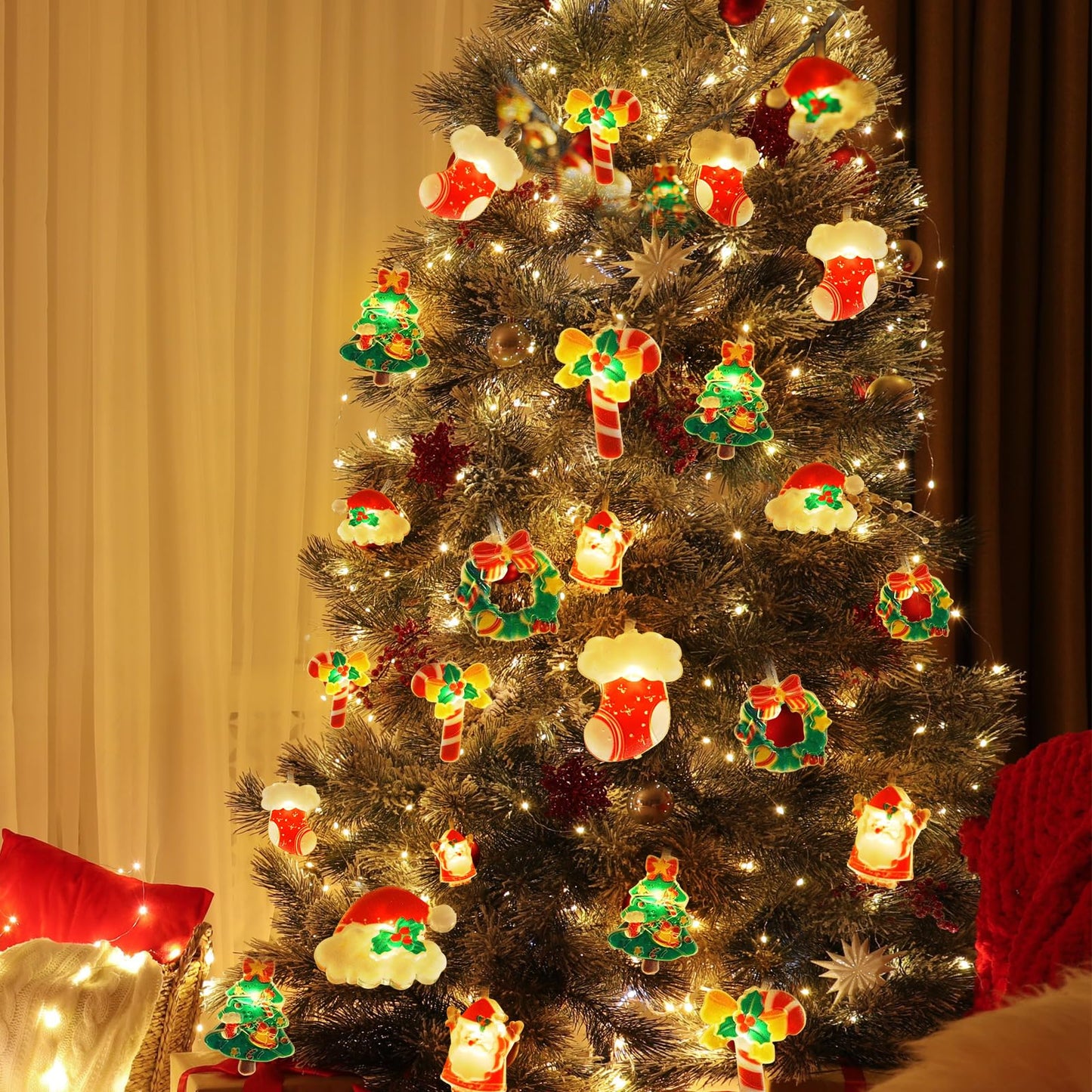 Christmas Lights Decorations,Christmas Fairy String Lights,20 LED Xmas Warm White Light Hanging Decors with Santa Claus Wreath Tree Snowman Candy Cane Hat Stockings Indoor Window Lights for Party Home