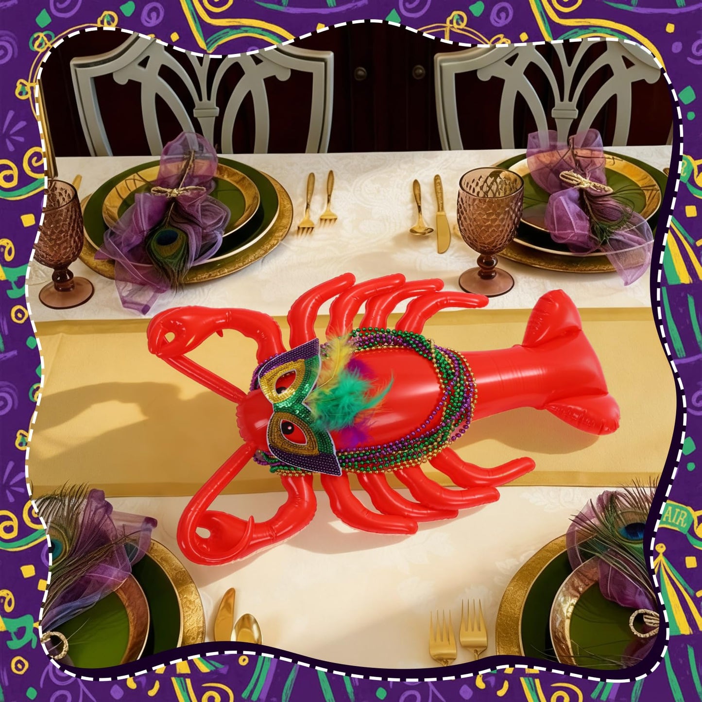 LaRandom 16 Pcs Mardi Gras Inflatable Lobster Decor 23.6 in with Mask and Purple Green Gold Beads Necklace for Mardi Gras Inflatable Decorations Yard Table Centerpieces Outdoor Decor