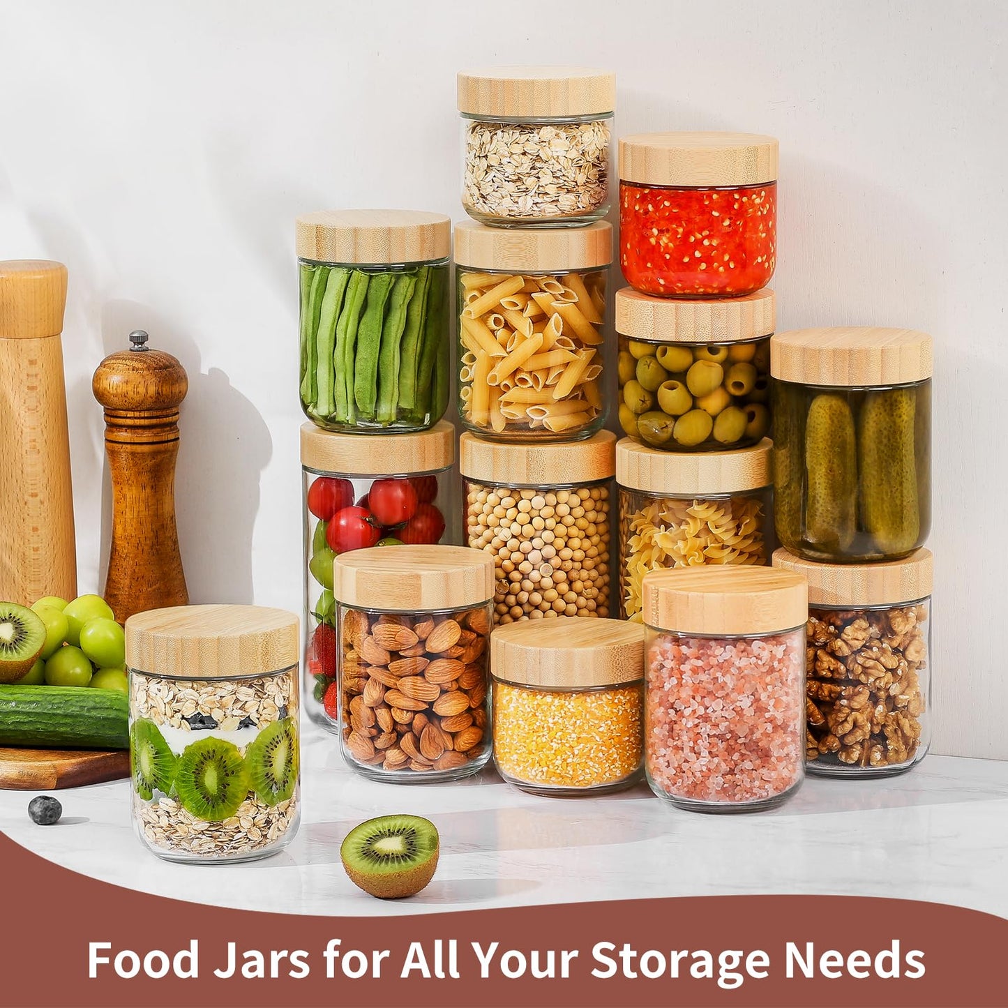 DRKIO 16 Oz Overnight Oats Containers with Bamboo Lids - 4 Pack Glass Storage Jars with Airtight Lids Wide Mouth Mason Food Jars Great for Meal Prep Salad Chia Pudding Snacks Yogurt Sugar Spice Cereal