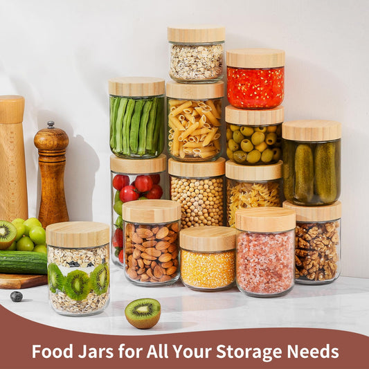 DRKIO 16 Oz Overnight Oats Containers with Bamboo Lids - 4 Pack Glass Storage Jars with Airtight Lids Wide Mouth Mason Food Jars Great for Meal Prep Salad Chia Pudding Snacks Yogurt Sugar Spice Cereal