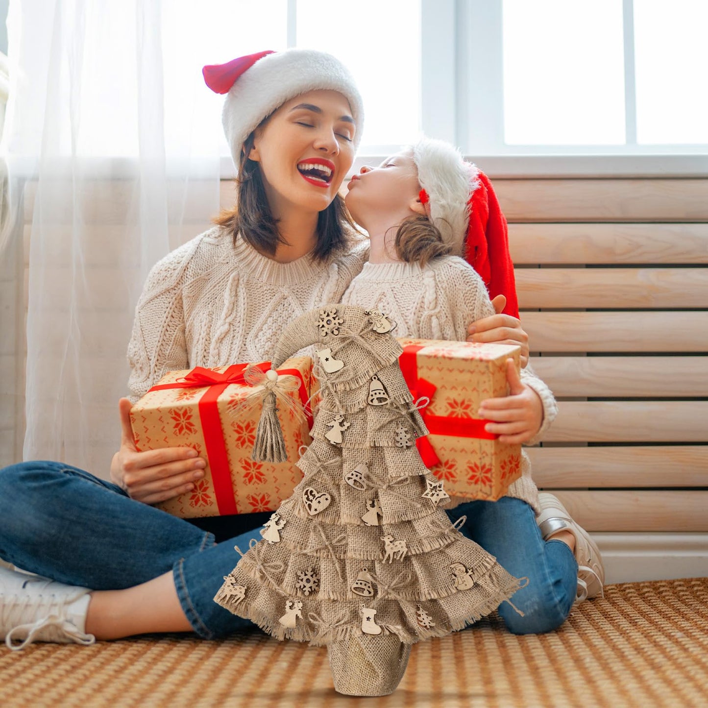 Civaner Boho Christmas Tree Tabletop Decor 16 Inch Mini Christmas Tree Burlap Jute Xmas Table Decoration with Santa Hat Bow Snowflake Bell Deer Design for Xmas Holiday Farmhouse Home Kitchen