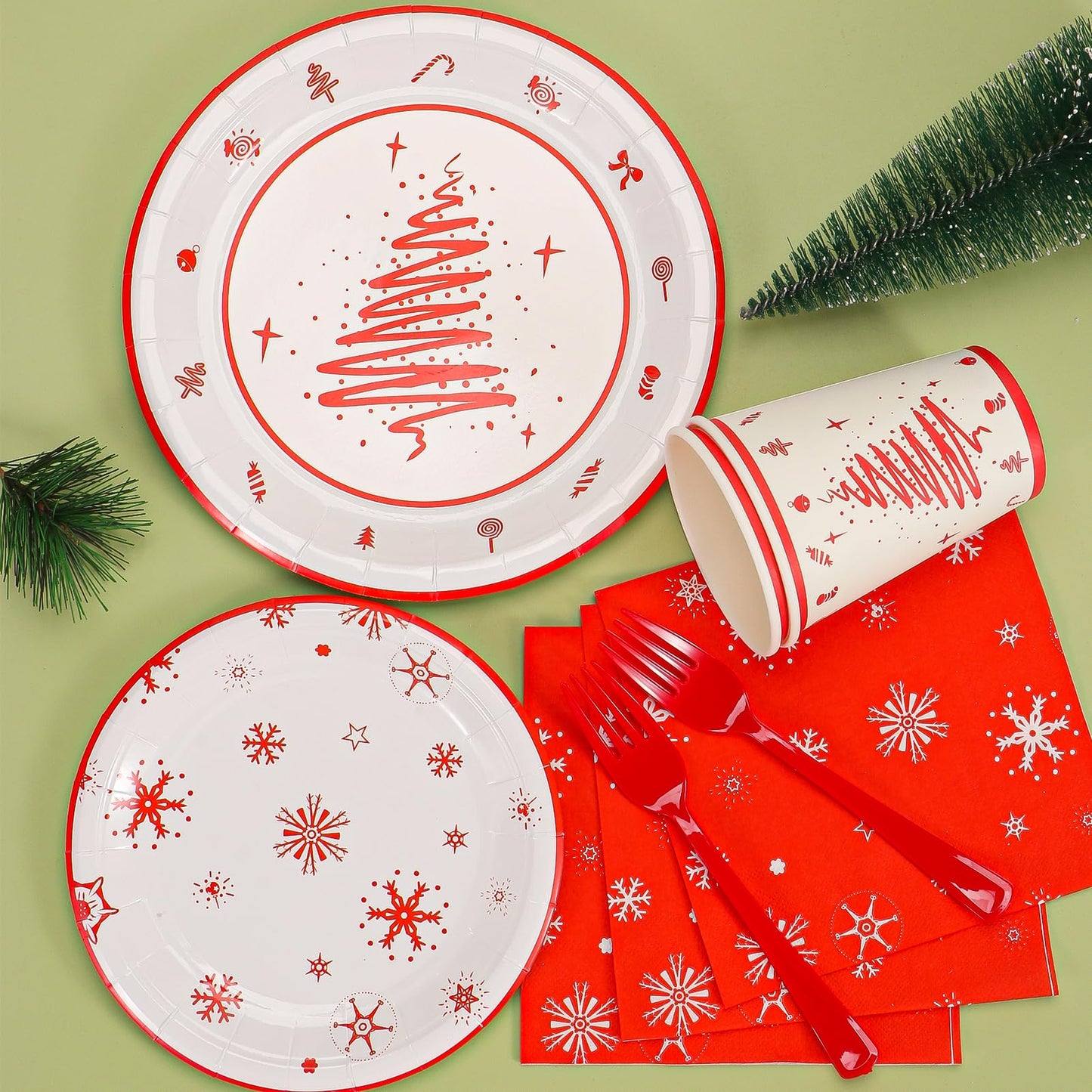 Atonofun Christmas Party Supplies, Merry Christmas Plates and Napkins, Christmas Disposable Plates, 12oz Cups, Napkins and Forks for Birthday, Baby Shower, Xmas, Christmas Themed Parties Serves 24