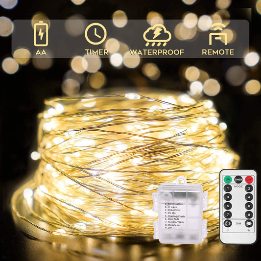 suddus 66ft 200 LED Outdoor String Lights,Fairy Lights Battery Operated with Remote, Twinkle Lights Battery Operated for Bedroom, Dorm, Patio, Fireplace,Garden, Party, Wedding DIY,Indoor(Warm White)