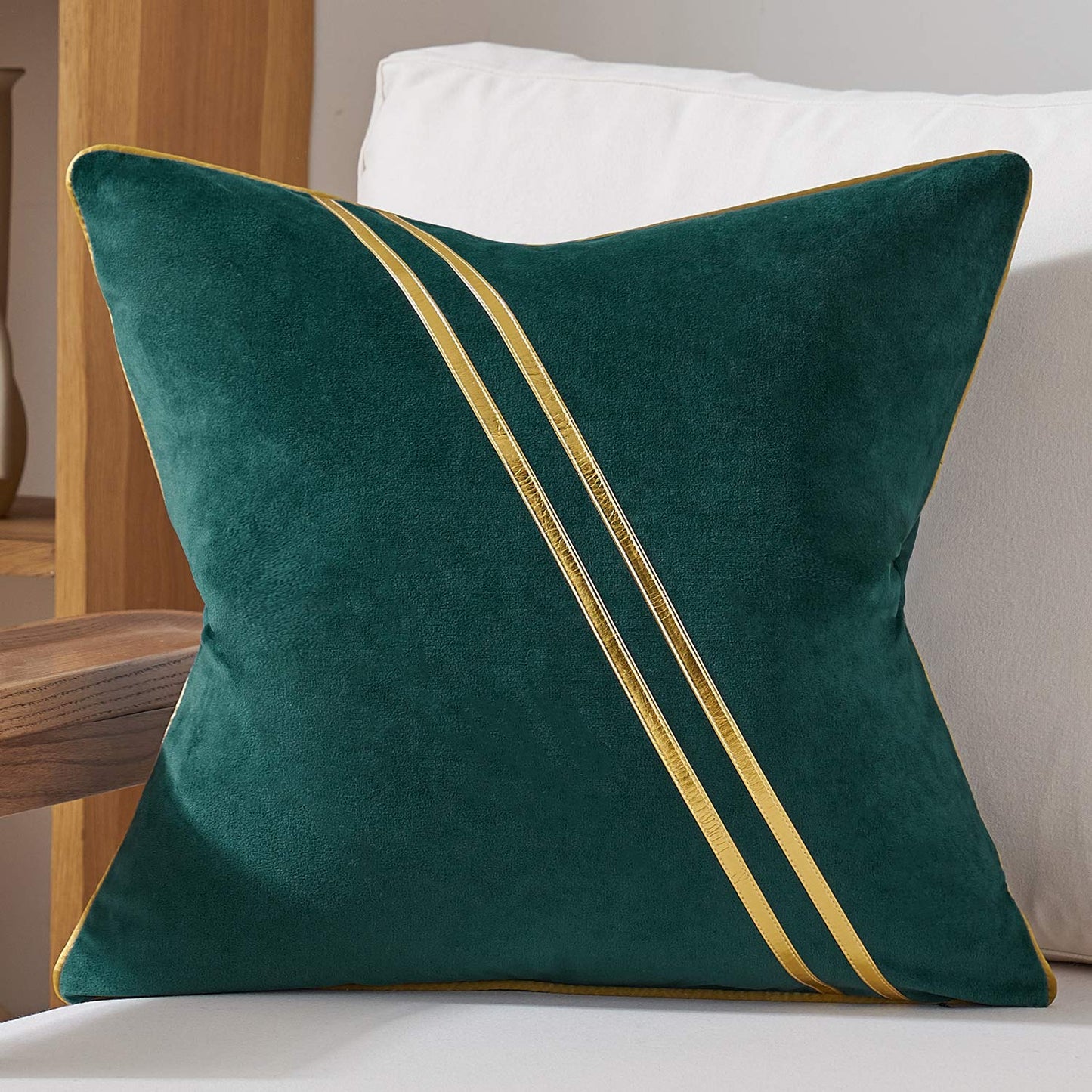 Avigers 18 x 18 Inch Teal Gold Leather Striped Lines Velvet Cushion Case Luxury Modern Throw Pillow Cover Decorative Pillow for Couch Living Room Bedroom Car