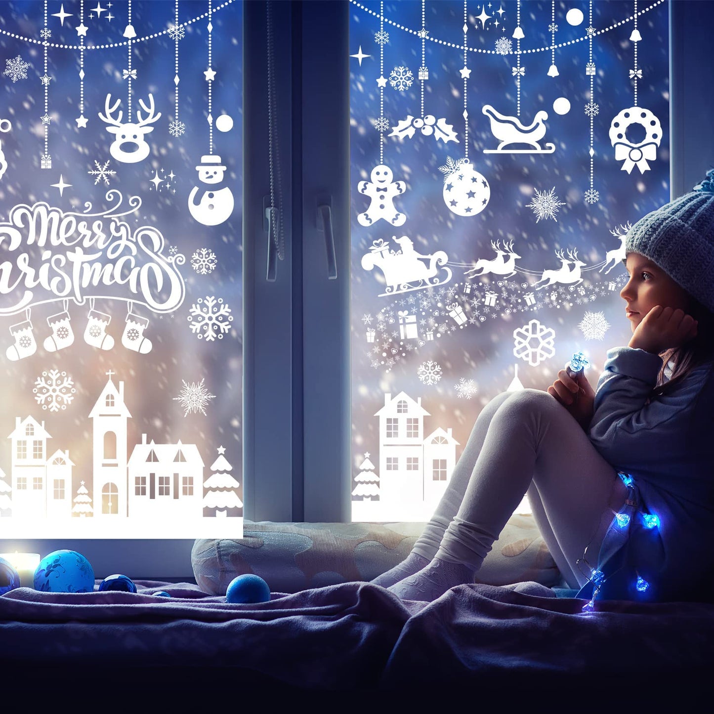 MISS FANTASY Christmas Window Clings Decorations, 10 Sheets Merry Christmas Scene Window Stickers for Glass Window Snowflakes Decals White Winter Snow Scene Xmas Decorations for Home Indoor