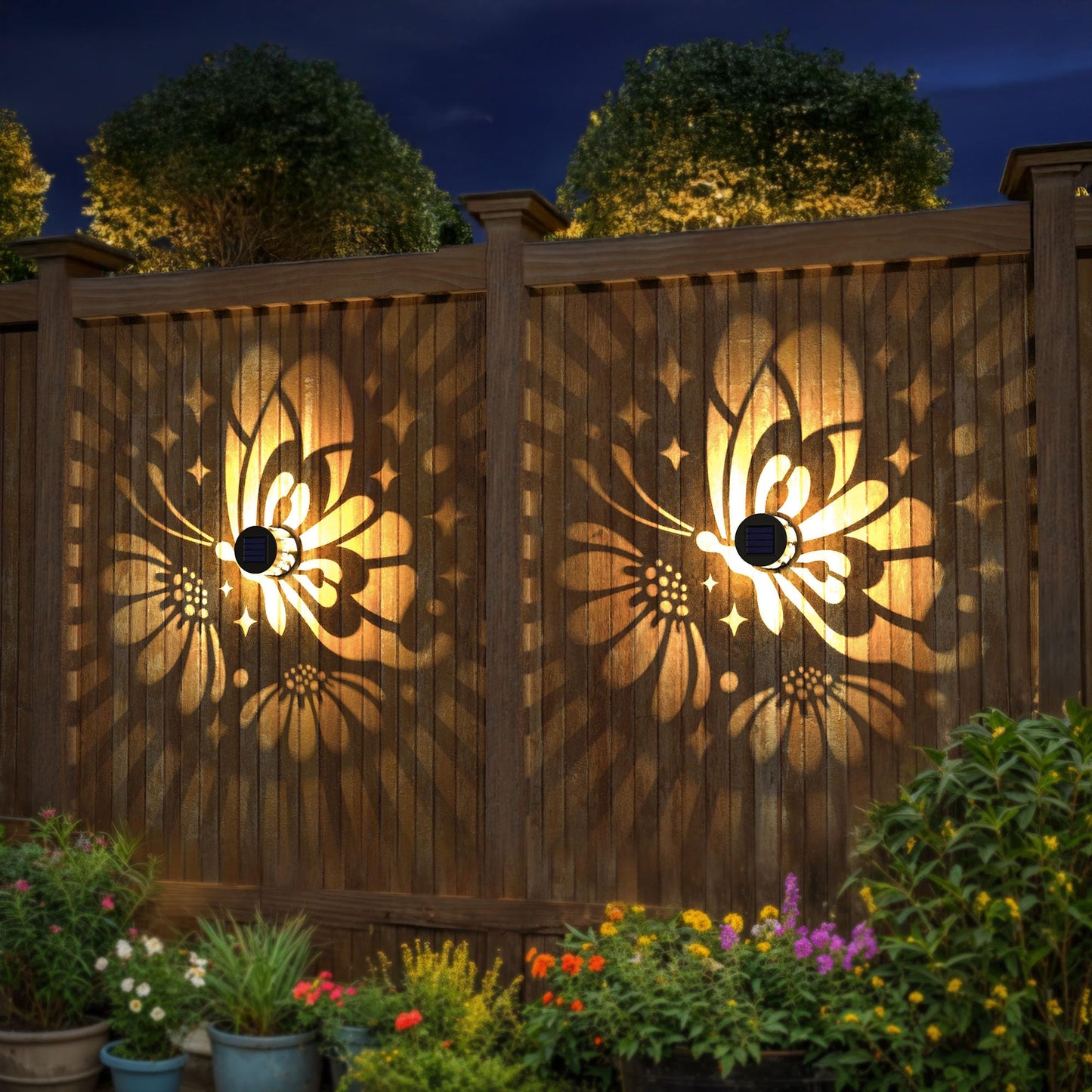 Hapjoy Solar Fence Lights 2 Pack Outdoor Deck Step Wall Lights Metal Waterproof LED Warm Yellow Light for Garden Post Patio Backyard Yard Decor (Butterfly-Flower, 2)