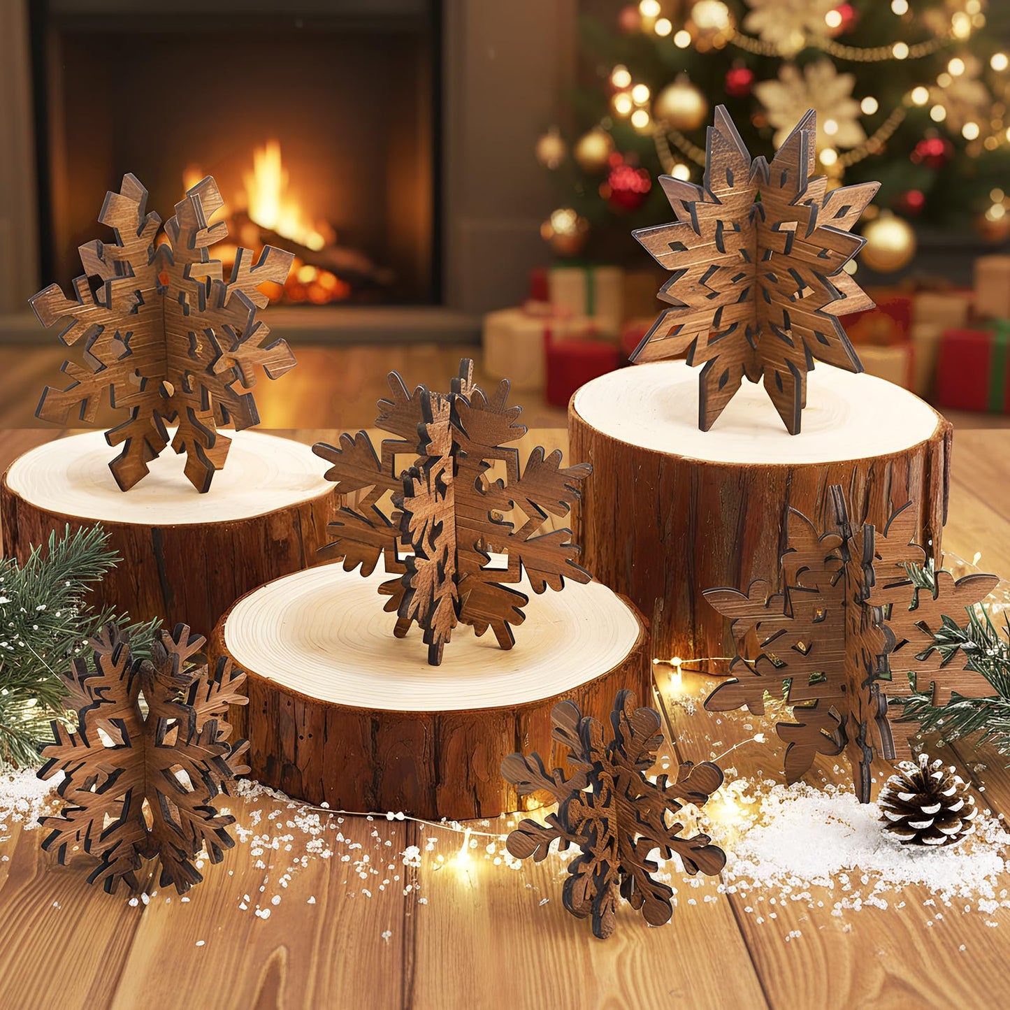 Bucherry 12 Pcs Winter Wooden Snowflake Table Decor 3D Snowflake Tabletop Centerpieces Winter Wonderland Table Signs for Christmas Holiday Farmhouse Home Supplies