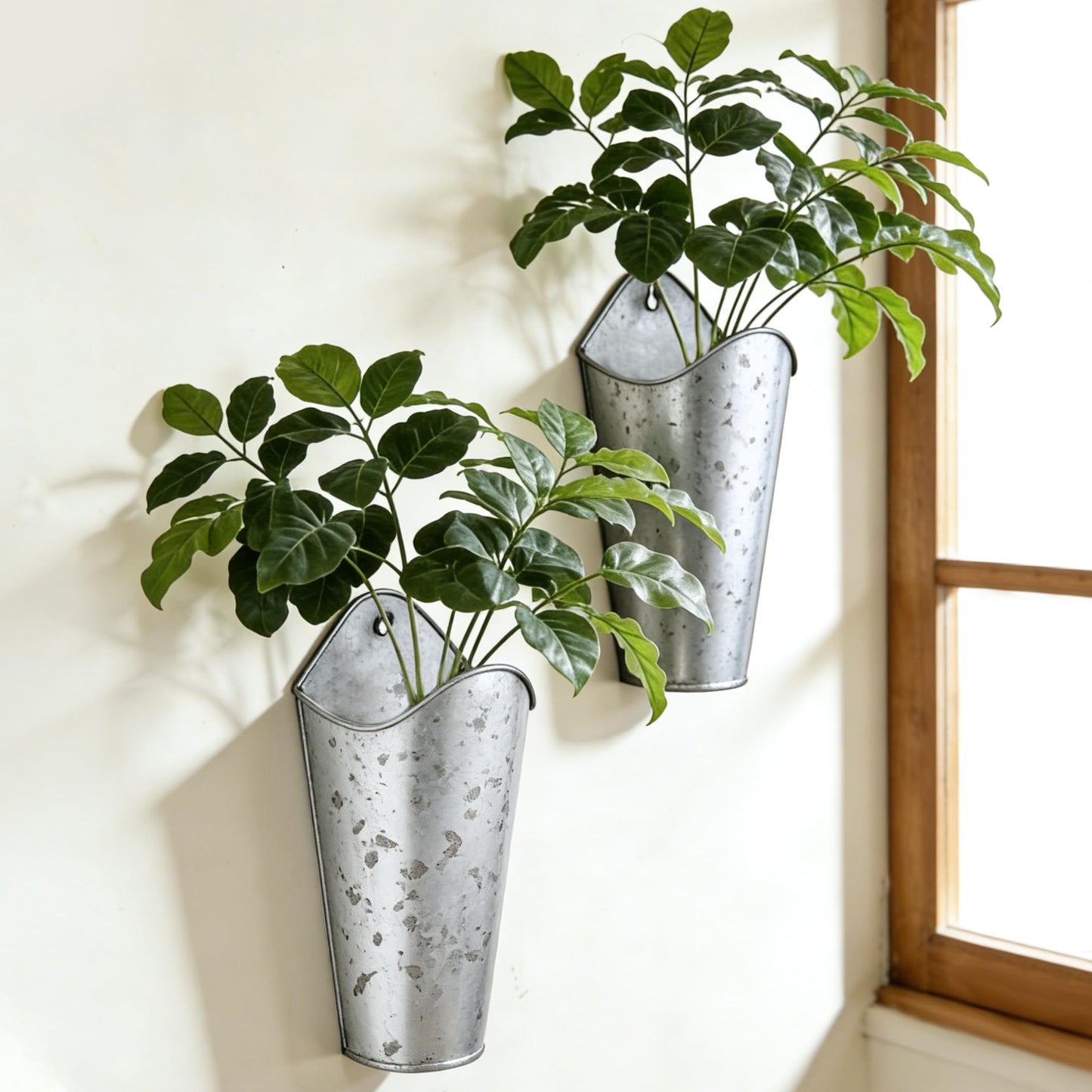 SYITCUN 12 Inches Galvanized Wall Planters, Set of 2 - Metal Hanging Flower Buckets for Farmhouse Decor, Tall Tin Vases for Dried Flowers & Greenery, Indoor Outdoor Country Decor