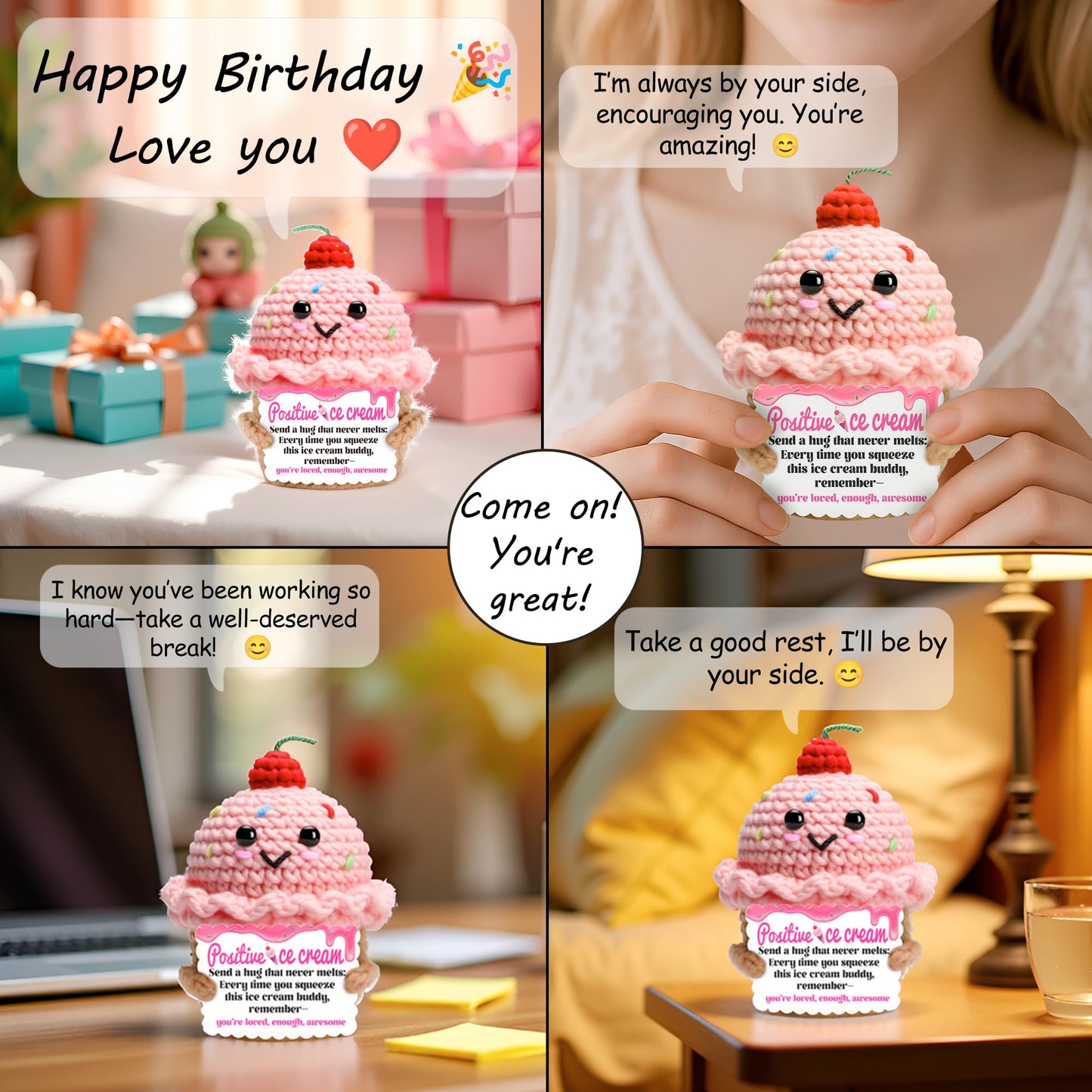 MLZTINGR Happy Birthday Gift for Women – Handmade Crochet Ice Cream Plush, Cute Knitted Present for Mom, Daughter & Girlfriend – Positive Decorative Gift for Christmas or Home Décor
