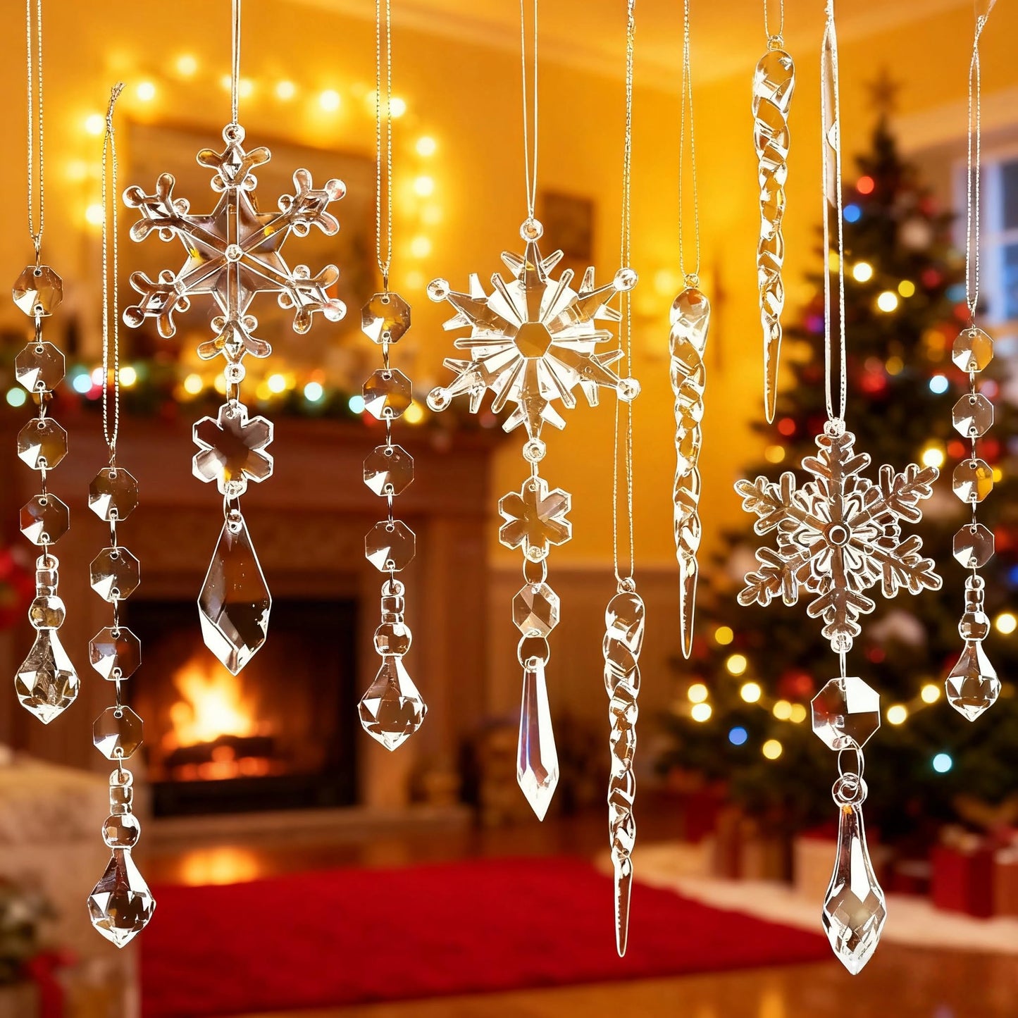 Christmas Ornaments for Tree Decorations - Hanging Acrylic Snowflake & Icicle Christmas Pendants for Winter Xmas Tree,New Year Party Supplies,DIY Holiday Décor