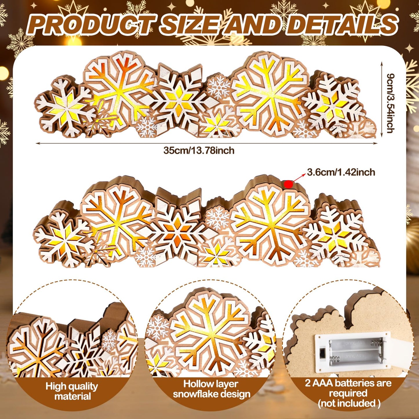 Glooglitter Winter Snowflake Wooden Tabletop Decoration Winter Sign LED Snowflake Centerpiece Wood Plaque Free Standing Wood Sign for Xmas Table Party 13.8 x 3.5 Inch