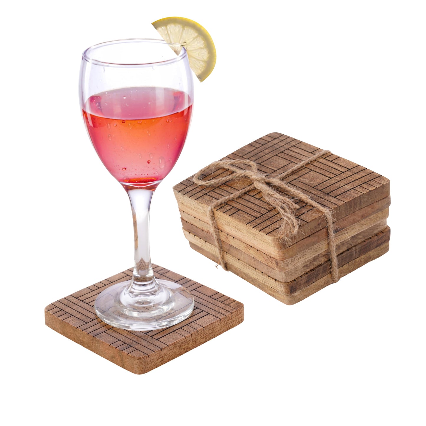 Set of 6 Wood Coasters - Natural Mango Wooden Coasters for Drinks, Beverages, Wine Glasses & Bar Glasses - Rustic & Durable Drink Coasters - Coaster Set for Home, Kitchen, Dining, Bar Decor