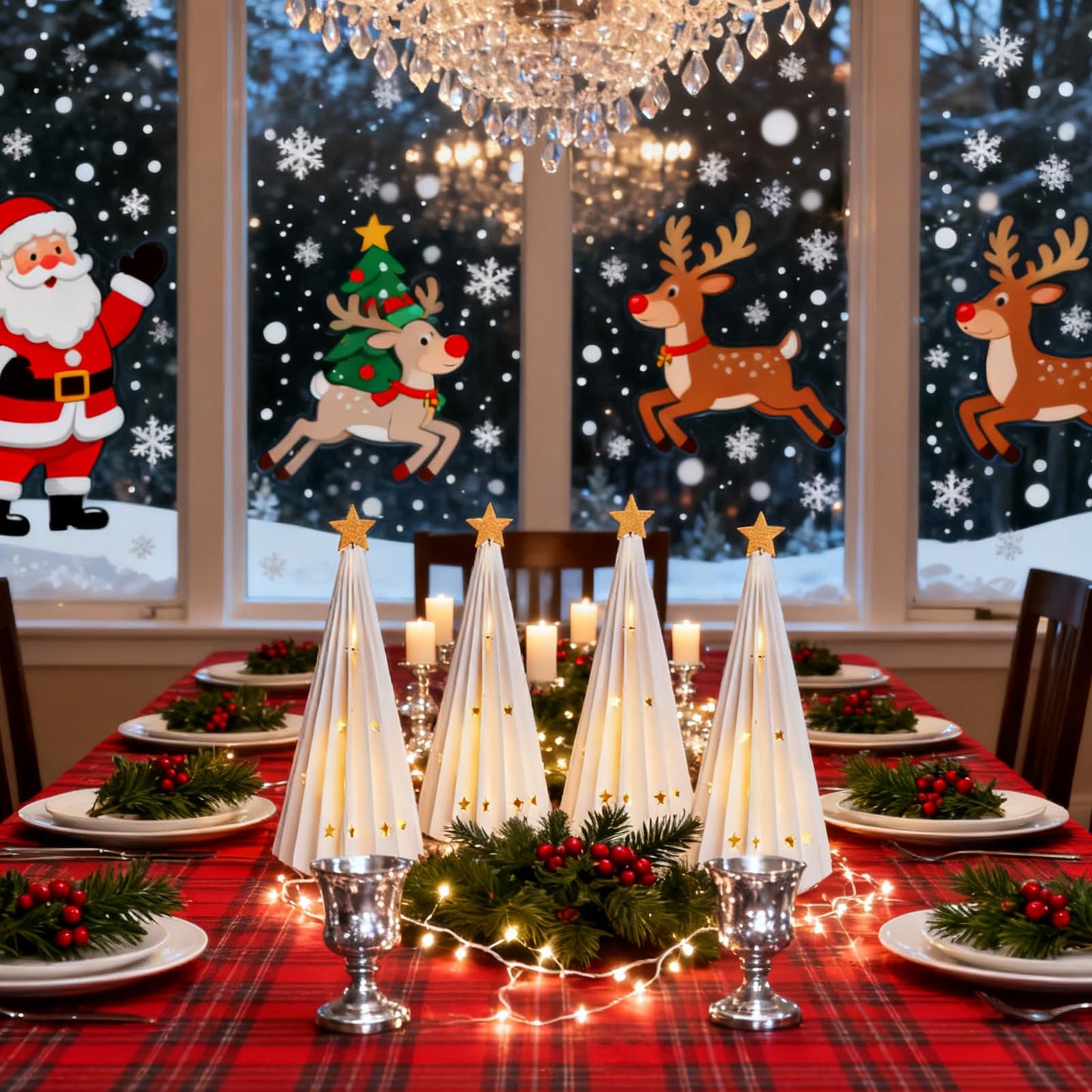 OBBOLO 4 Pcs White Paper Christmas Trees, Holiday Centerpiece Decorations with Star Designs, Foldable Tabletop Décor for Xmas Party & Winter Home Styling