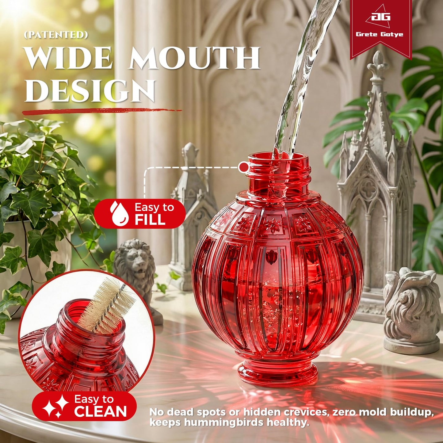 Glass Hummingbird Feeder for Outdoors Hanging, 26Oz Bird Nectar Feeder with Perch & 5 Flower Feeding Ports, Leak Proof for Outside Garden Decor Backyard, Gifts for Women Mom, Red