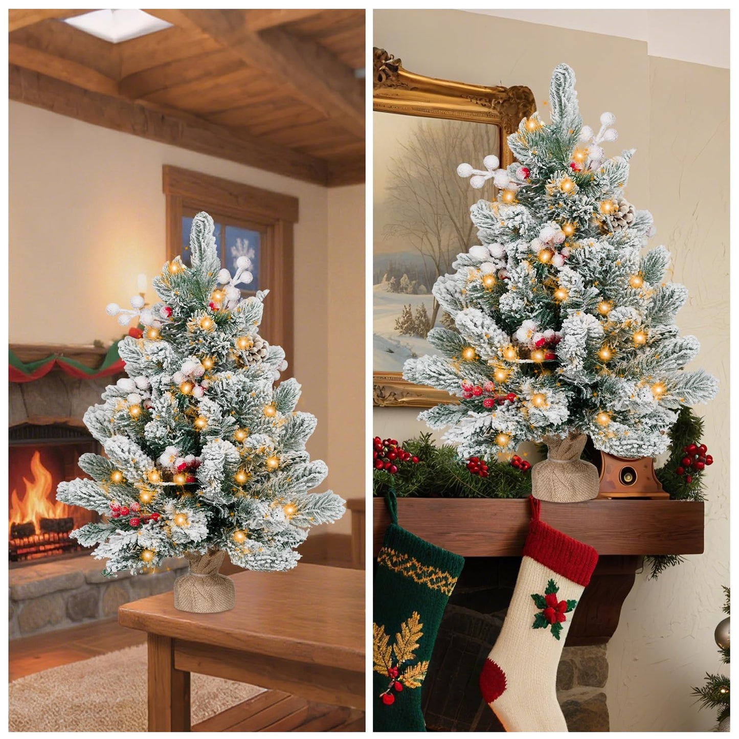 ININ 2FT Pre-lit Mini Christmas Snow Flocked Tree,Tabletop Artificial Christmas Tree with LED Lights, Small Xmas Pine Tree with Cloth Bag Base for Christmas Decor,12 Clusters Berry & 8 Pinecones