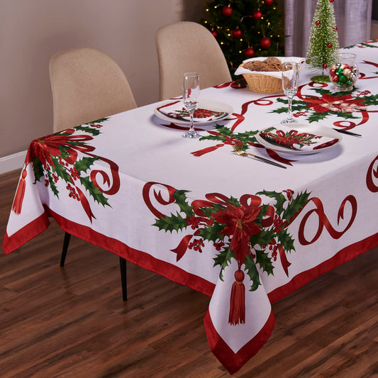 Kadut Christmas Ribbon Tablecloth (60 x 102 Inch) for 6 Foot Rectangle Tables, Heavy Duty Fabric, Stain Proof Xmas Ribbon Table Cloth for Harvest, Holiday, and Fall, & Christmas Dinner.