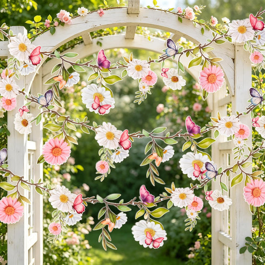 SUNBEAUTY 2Pcs Butterfly Daisy Garland Banner Reusable Waterproof Wildflower Garland 13ft for Enchanted Garden Woodland Birthday Baby Shower Bloom Tea Party Wedding Mother's Day Backdrop Decorations