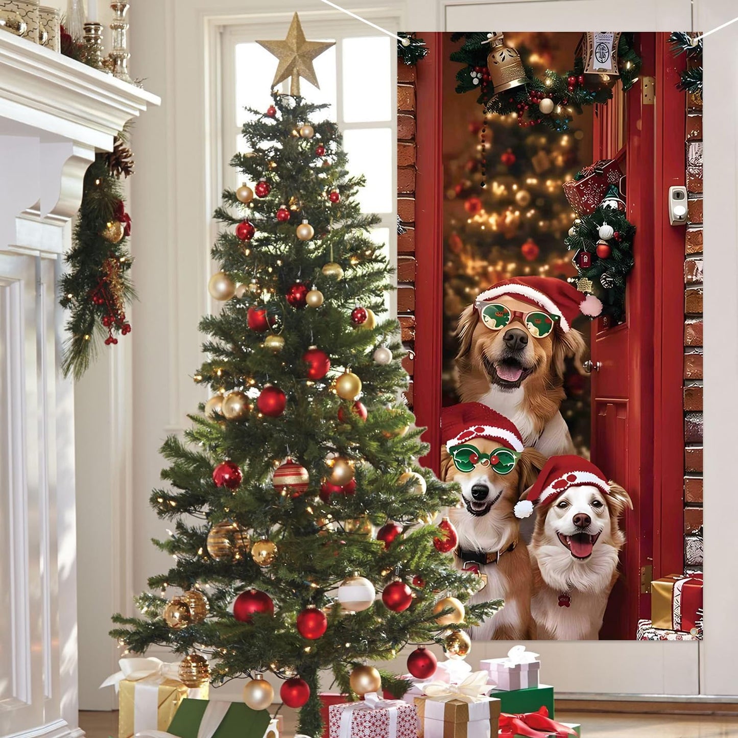 Christmas Door Cover Cute Santa Dogs Front Door Covers Decoration 71x36 Inch, Merry Christmas Banner for Holiday Parties, Winter Xmas Decor with Fabric, Festive Backdrop for Home & Office