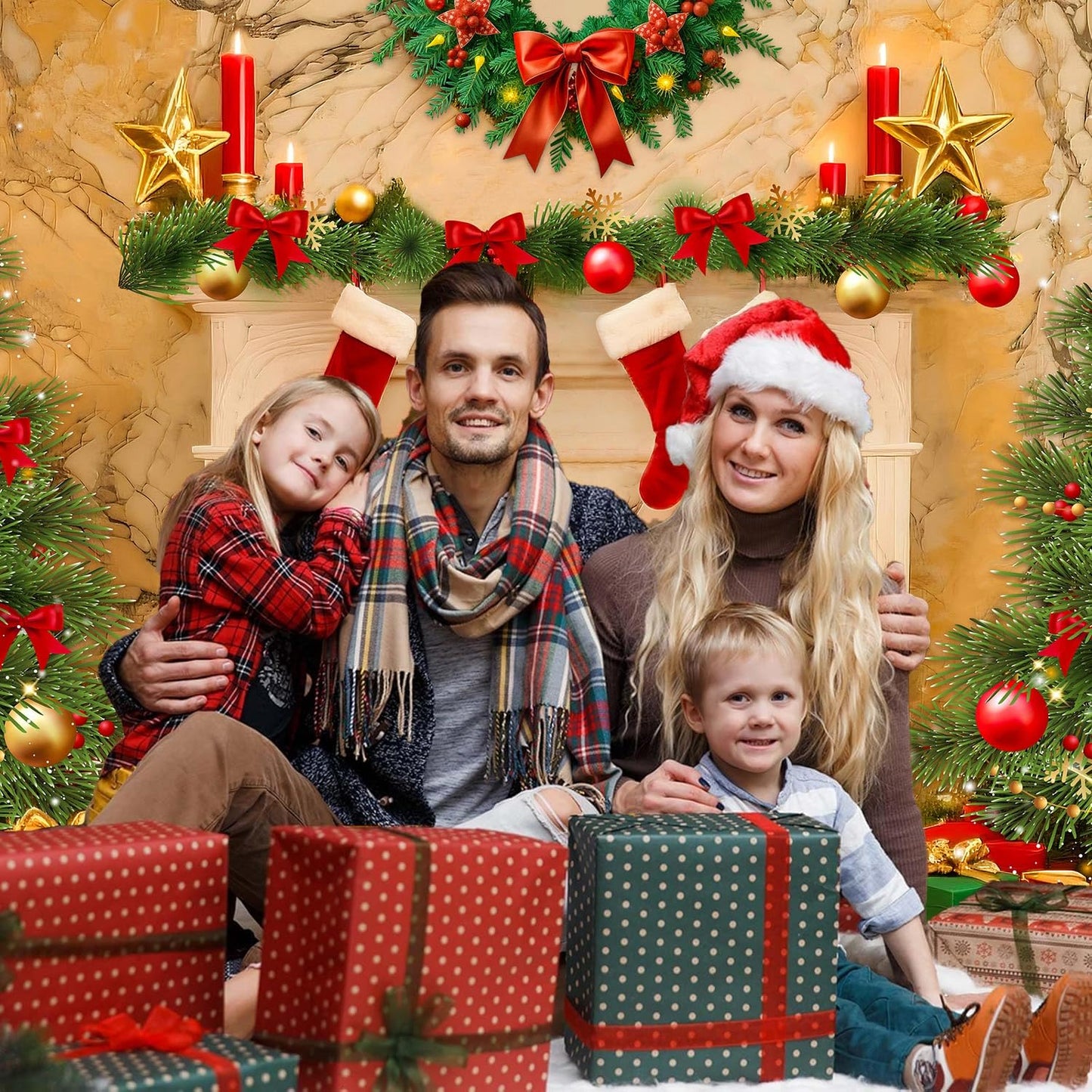 Christmas Backdrops for Photography, Fireplace Photo Backdrop for Wall Photoshoot, Xmas Background Holiday Party Tree Red Socks Gifts Decorations 7x5FT