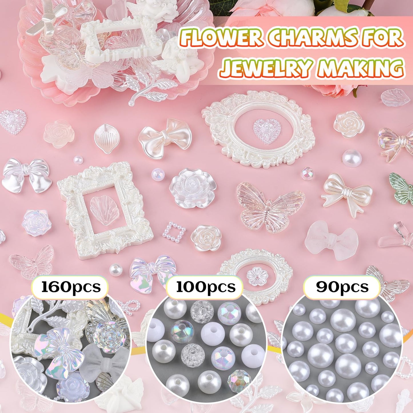 Kikonoke 350 Pieces 3D Resin Rose Flower Bows Butterfly Embellishments Angel Charms Picture Frame with Flatback Pearl Beads for Craft DIY Making Supplies (White)