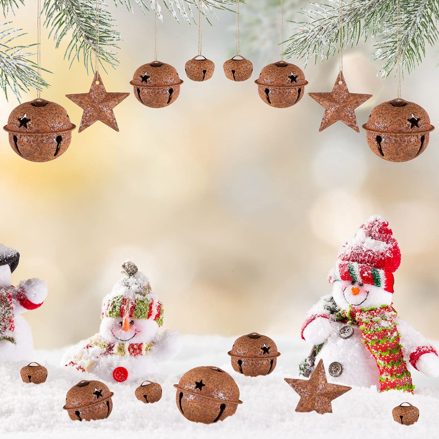 Dilunave 140 Pieces Rustic Christmas Bell Set, Includes 100 Small Rustic Jingle 20 Star Cutout Bells 20 Metal Star Hanging Ornament for Christmas Tree Home Decor DIY Craft(Rusty)