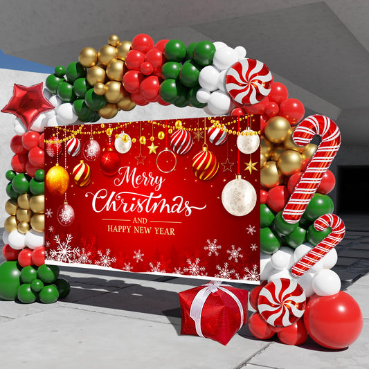 Christmas Balloon Arch Kit, 163PCS Christmas Party Decorations with Large Backdrop for Photography, Red Green Gold, Candy Cane, Red Star, Gift Box Foil Balloons for Party Decor