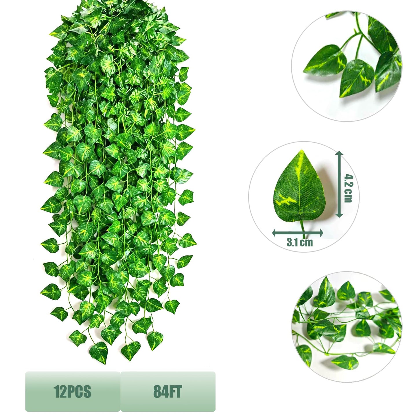 Jangmont Fake Vines for Room Decoration Artificial Ivy Garland Hanging Vines Faux Vines Decor for Wall Bedroom Outdoors Garden Wedding Office Patio (Pothos-Lesves, 12PCS 84FT)