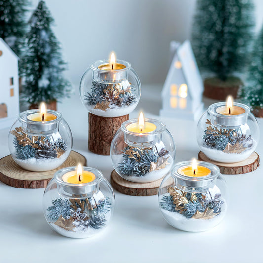 Hewory Christmas Tealight Candle Holders: Set of 6 Glass Ball Tea Light Candle Holder with Golden Leaves and Needles, Christmas Table Decorations for Dinner Centerpiece Holiday Party Fireplace Mantle
