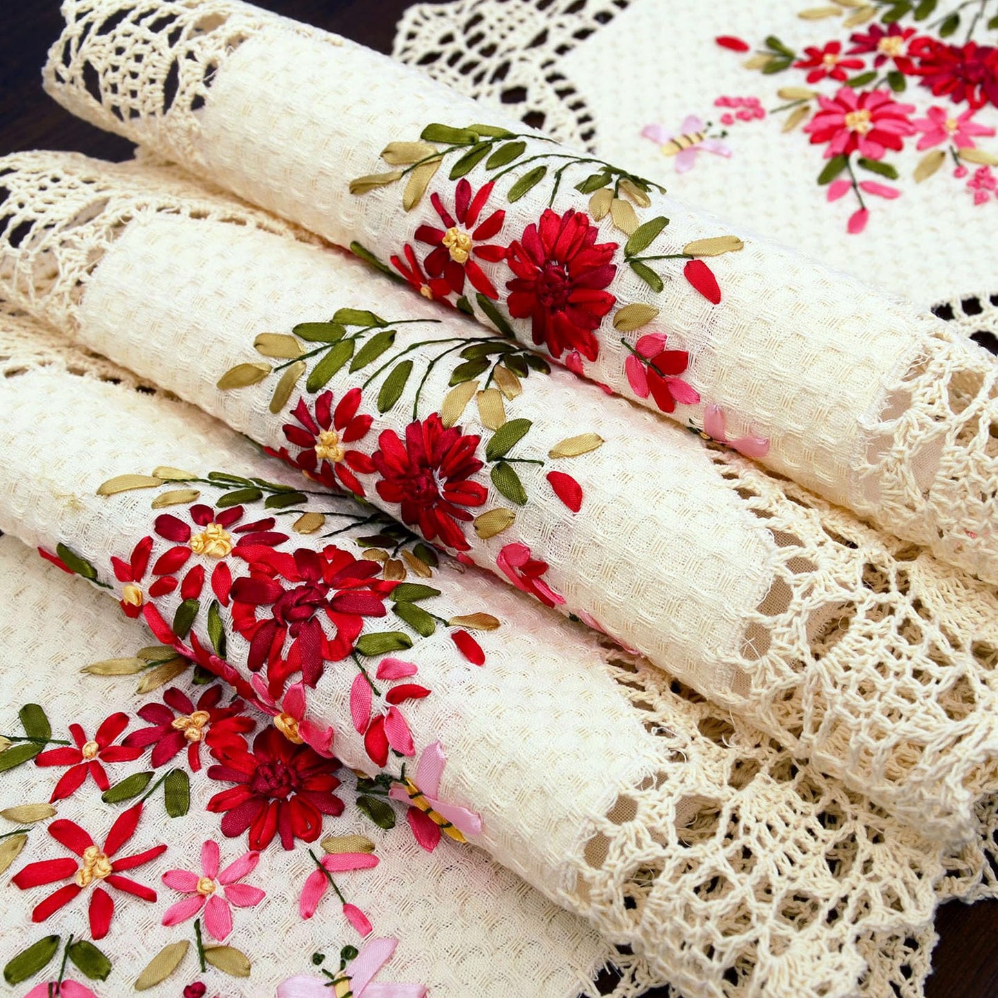 Grelucgo Handmade Crochet Table Runner with Floral Embroidery, Pink and Red (15 x 68 inches)