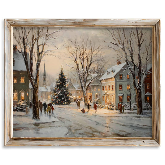 Christmas Winter Village Print, Snowy Holiday Art, Vintage Christmas Tree Wall Decor, Rustic Winter Landscape Painting, Cozy Festive Home Decoration, Holiday Wall Art Print (11X14inch-Unframed)