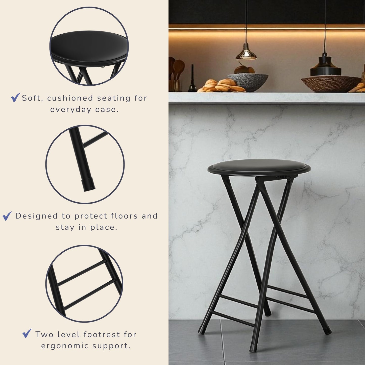 Trademark Home Collection Backless Folding Stool with 225lb Capacity for Kitchen or Rec Room - Portable Indoor Counter Bar Stools (24-Inch, Black)