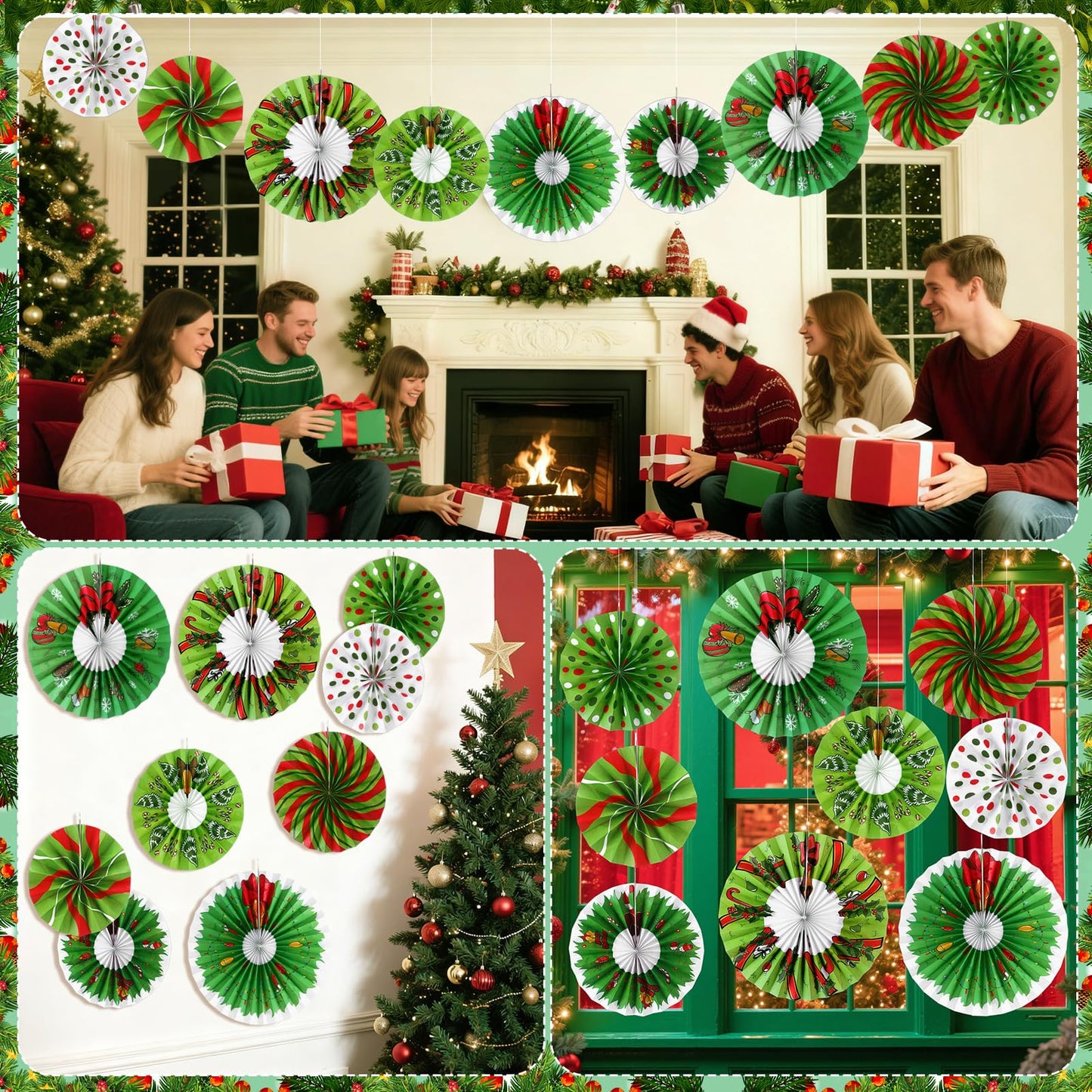 Outus 9 Pcs Christmas Hanging Decorations Candy Paper Fans Peppermint Classroom Christmas Decorations Party Ceiling Wall Hanging Decor Red Green Elf Bulb Wreath Gift Box Winter Holiday Birthday