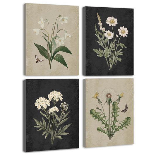 KUVIOKE Vintage Botanical Boho Framed Wall Art Set of 4 Piece Antique Flower Prints Farmhouse Retro Plants Rustic Artwork Bathroom Kitchen Home Decor Ready to Hang 8x10inx4pcs (Framed)